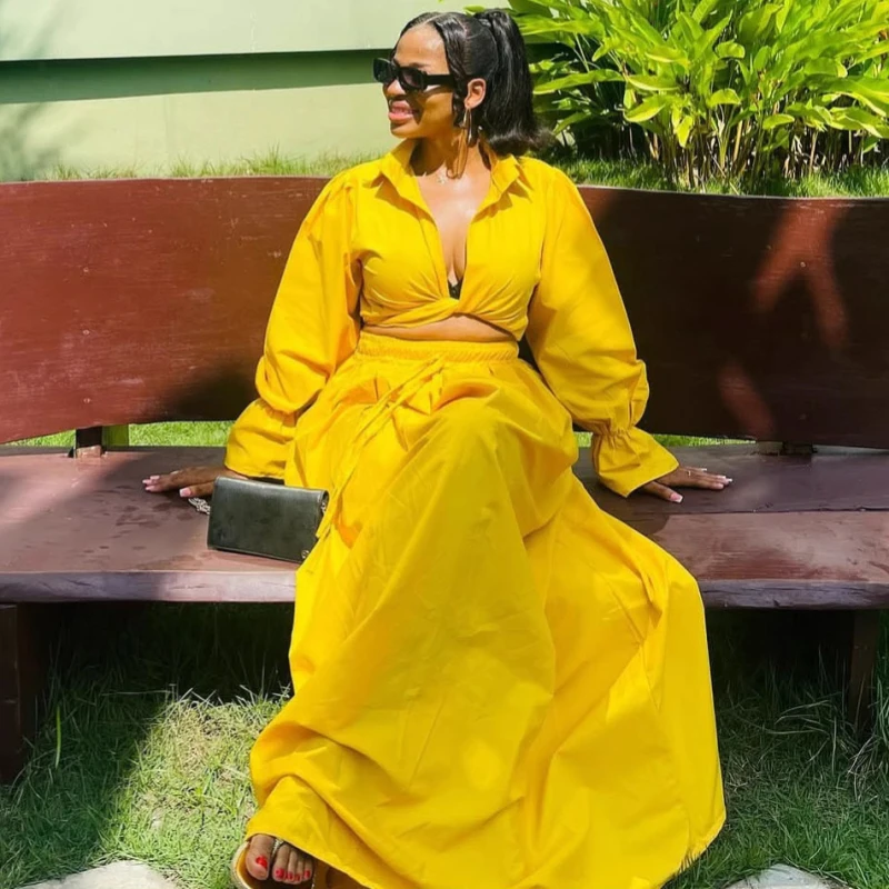 New African Fashion Women Two Piece Dress Set Solid Color Single Breasted Tie Front Crop Shirt And big hem skirts Set Streetwear