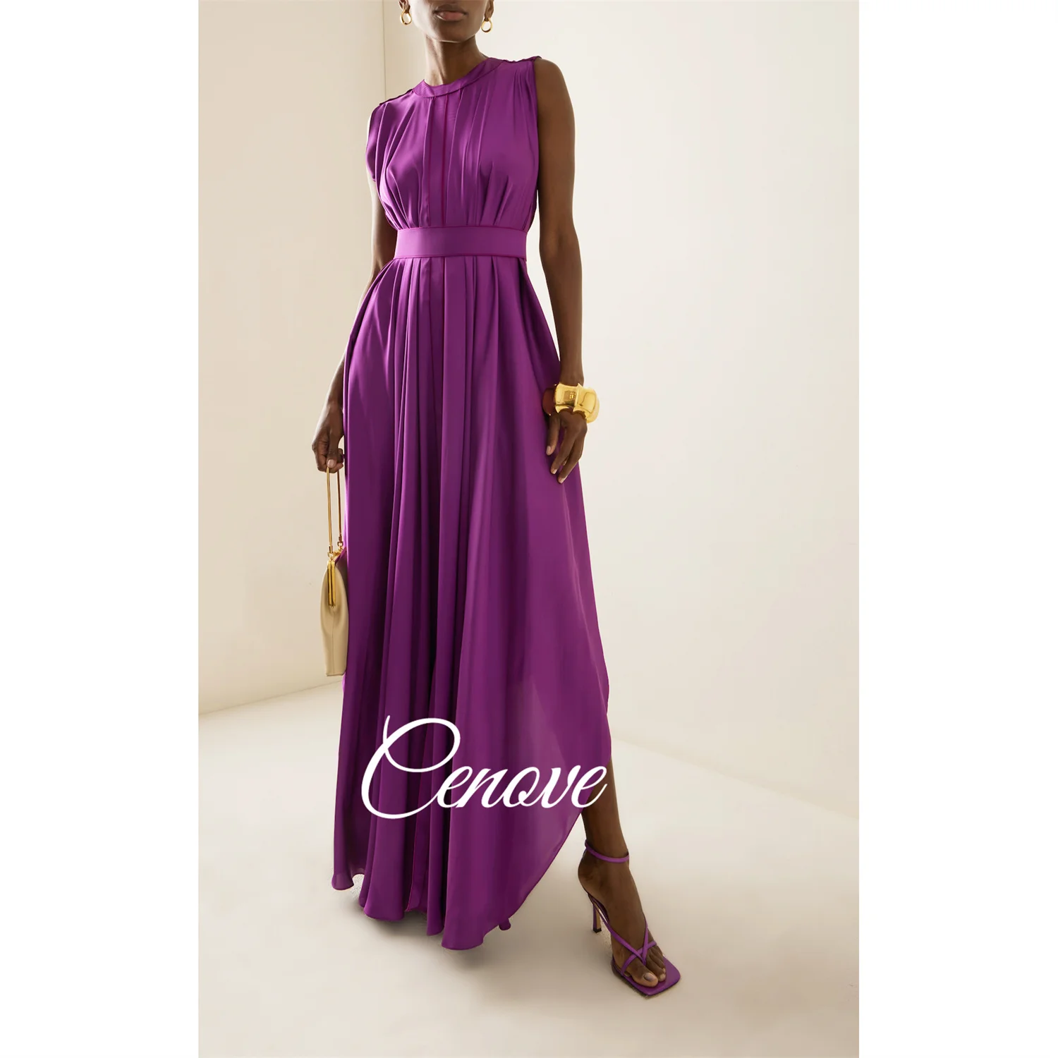 

Cenove Purple A-Line O Neckline Prom Dress With Pleated Sleeveless Floor Length Evening Elegant Party Dress For Women 2024