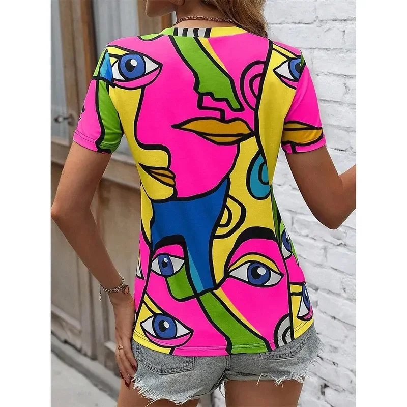 Kaus Wanita Fashion Musim Panas Kaus Leher Kru Lengan Pendek Gambar Cetak Abstrak Kasual Bergaya Atasan Reguler Leher Bulat Pakaian Jalanan Y2K