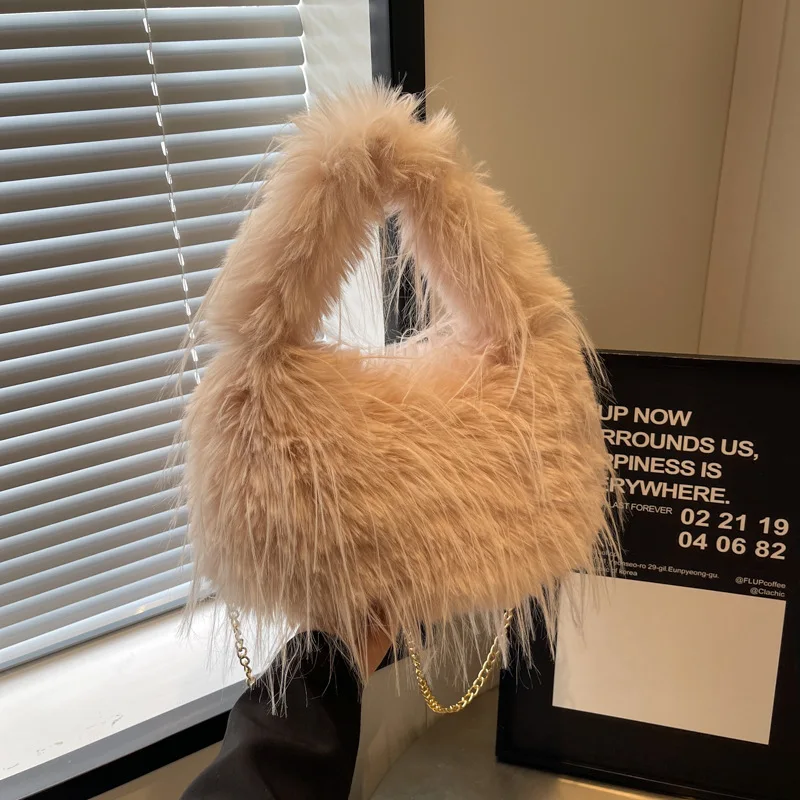 2024 Winter New Faux Fur Handbag Trendy Fuzzy Long Tassel Plush Shoulder Bag Fashion Female Furry Purse Tote Handbag Sac A Main