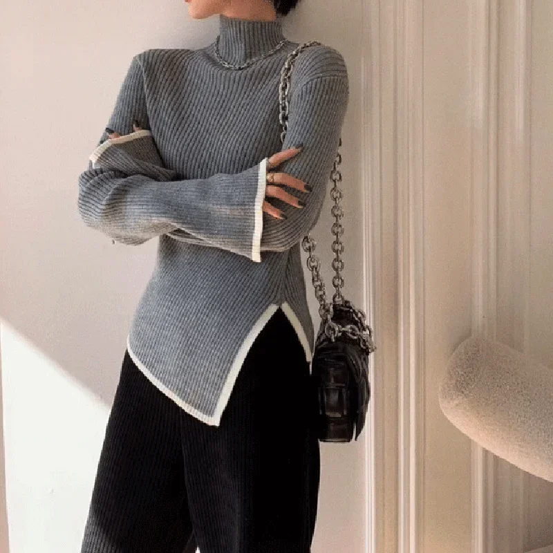 Solid Color Turtleneck Sweater Woman Winter 2024 Ribbed Slim Fit Side Knitwear Women Soft Knitted Sweaters Pullover