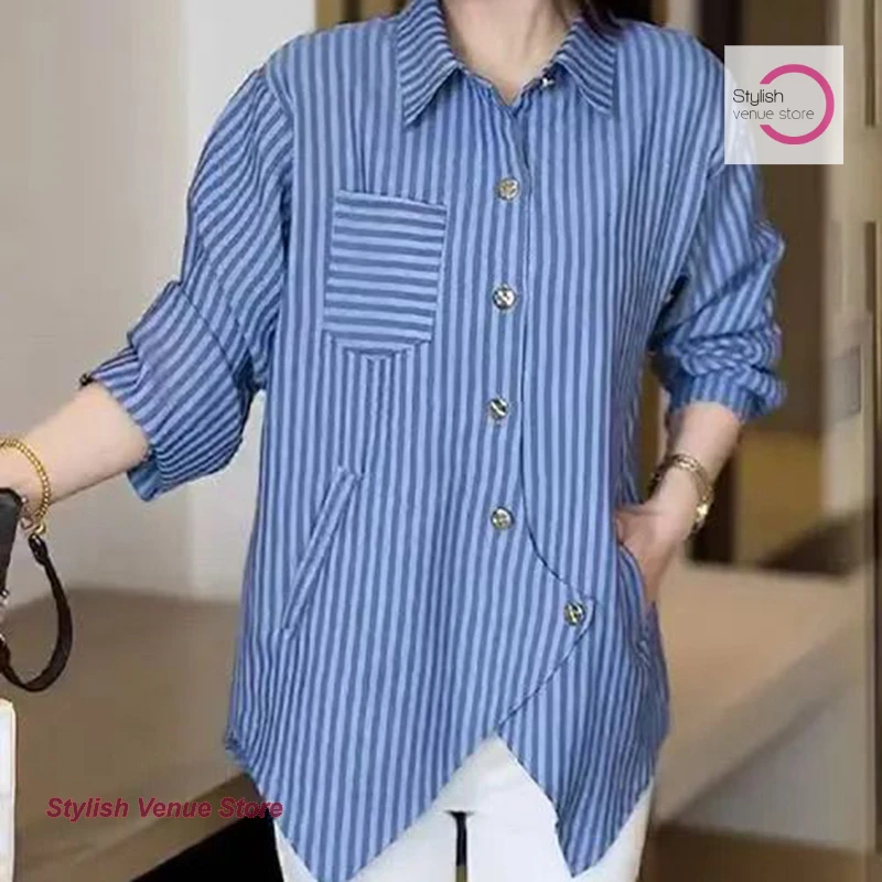 

Korean-style irregular striped shirt women's spring and autumn new fashion design sense plus size loose long Joker casual top