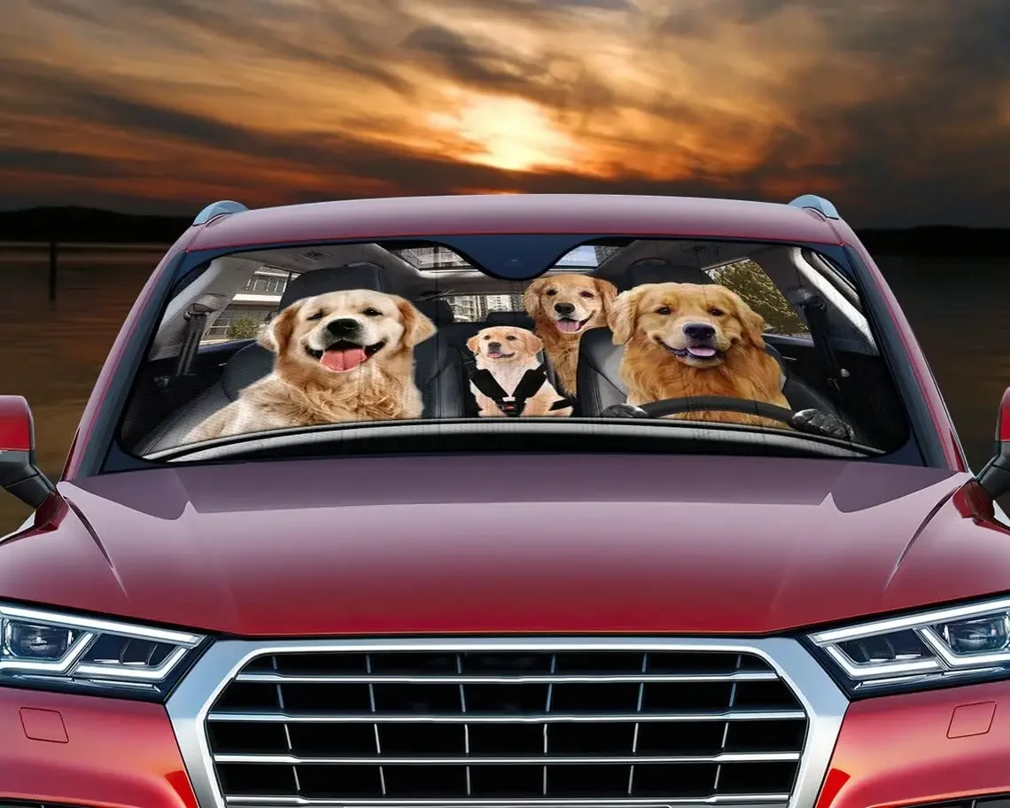 Golden Retriever Family Driving Car Pára-sol, pára-brisa, Dogs Auto Sun Shade, Car Sun Shade, Acessórios de carro, Presente para cão D