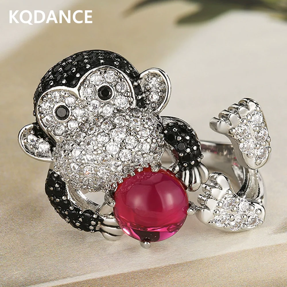 

KQDANCE New Smart Synthetic Black Zircon Blue Spinel Red Corundum Monkey Ring Copper Gold Plated Jewelry Engagement Gift Women