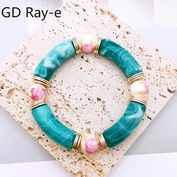 Vintage Resin Bamboo Bracelet for Women Multi Color Stretchy Handmade Ceramic Beads Temperament Elastic Bangles Fashion Jewelry