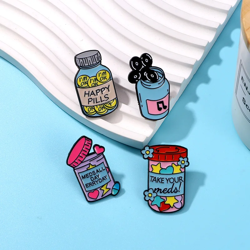 Creative Pill Bottle Theme Pins Vinyl I'm OK Star Heart Meds All Day Everyday Enamel Brooches Cheap Jewelry Wholesale