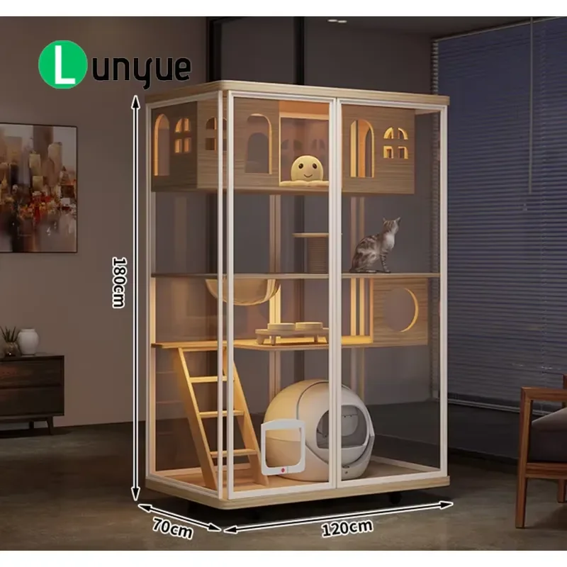 Luxury Solid Wood Modern Cat Villa Extra Large Indoor Panoramic Glass Pet House Multi Functional Integrated Bathroom