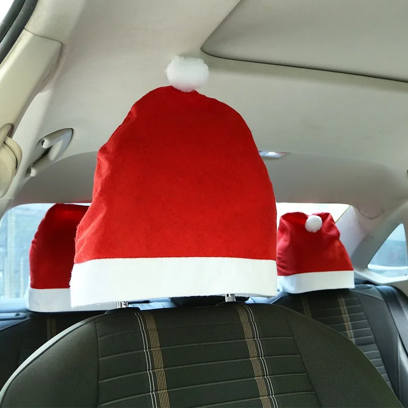 4-teiliges Set Weihnachts-Autositzbezüge mit Weihnachtsmützen, rot-weiß gestrickter Stoff, Kopfstützenbezüge, universelle Passform, Urlaubsdekoration, Party