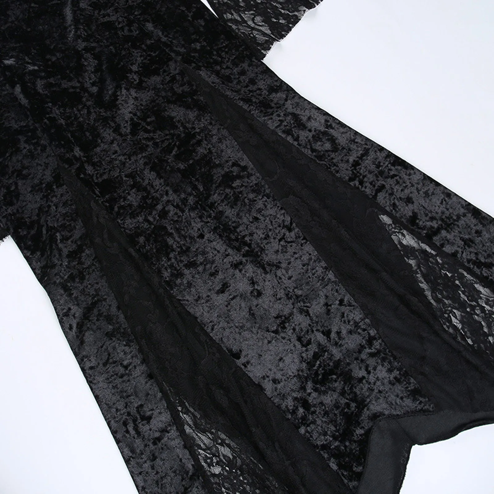 Abito da vampiro da donna punk gotico, manica lunga svasata, orlo a fessura, abito in velluto patchwork di pizzo floreale trasparente per la festa di cosplay di Halloween