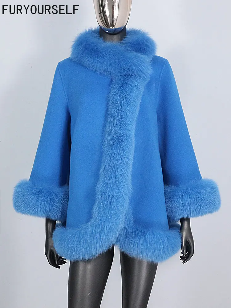 

FURYOURSELF 2023 Real Fur Coat Winter Jacket Women Natural Fox Fur Collar Cashmere Wool Woolen Ladies Warm Outerwear New Fashion