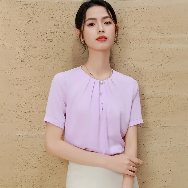 Short Sleeve Shirt2024New Women's Summer Business Clothing round Neck French Top High Sense Satin Shirt Suit