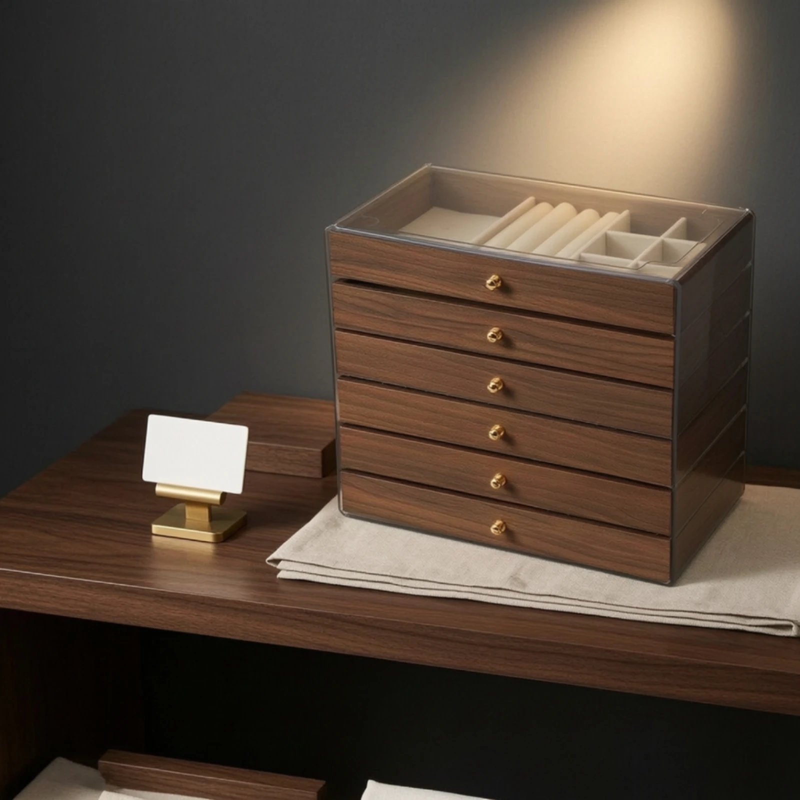 Six-Layer Jewelry Storage Box Wood-Grain Finish Jewelry Box with Six Pull-out Drawers Transparent Space-Saving