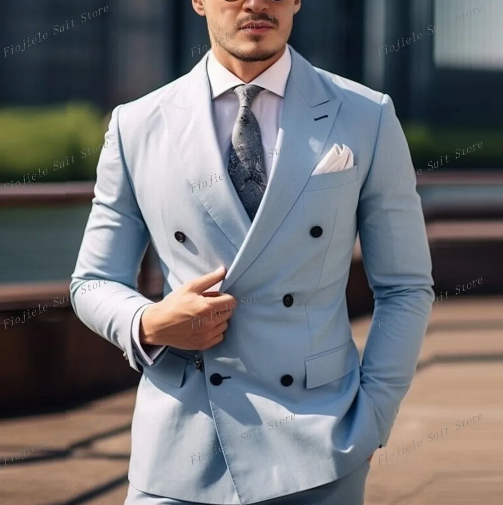 

New Sky Blue Men Formal Occasion Business Prom Casual Suit Groom Groomsman Tuxedos Wedding Party Male 2 Piece Set Blazer Pants