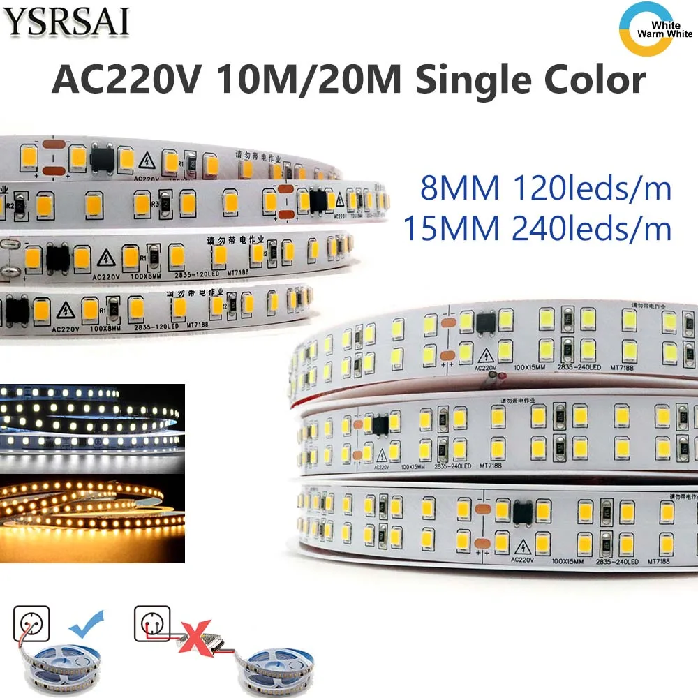 

240LEDs/M AC220V LED Strip Light SMD2835 High Bright White Warm White 8mm 15mm No Dark Flexible for Shelf Counter Bar Shop Decor