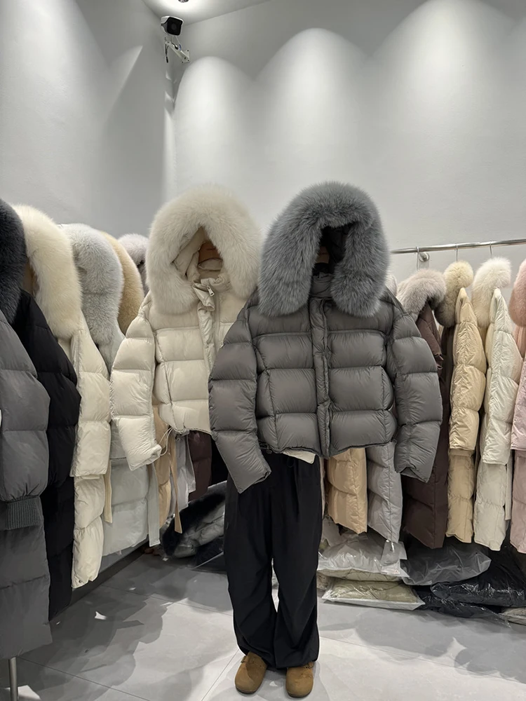 2025 winter new Korean style fox fur collar down jacket women loose fit waist cinched solid color thick hooded jacket