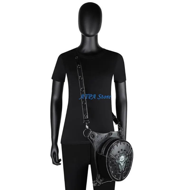 U13C Borsa con teschio da uomo con rivetti in pelle PU Steampunk Marsupio da gamba Borsa da Regalo