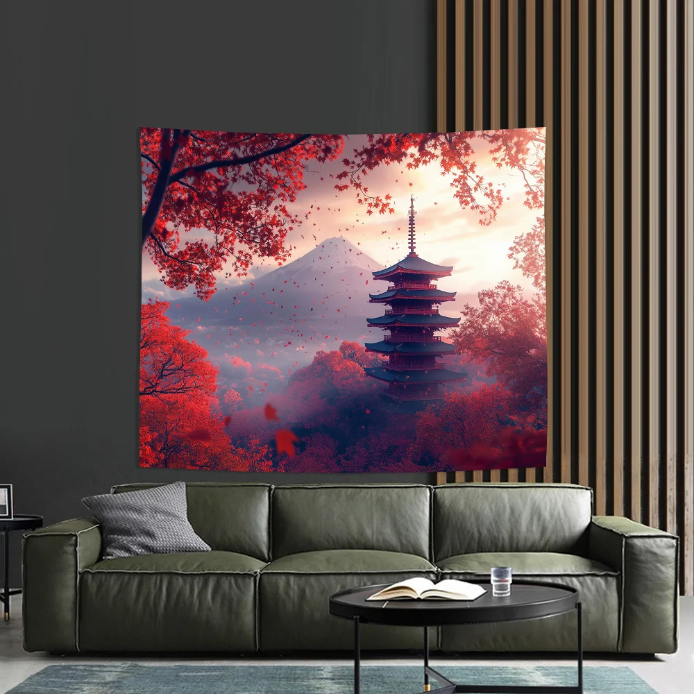 Традиционная японская архитектура и гора Фудзи Пейзаж Настенный подвес Гостиная Спальня Декоративные гобелены из полиэстера
