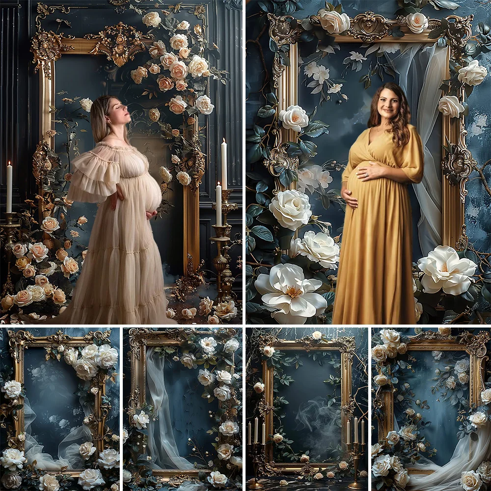 

Retro Blue Photography Background for Maternity Golden Baroque Photo Frame Flower Backdrop Decor Girl Birthday Art Photo Studio