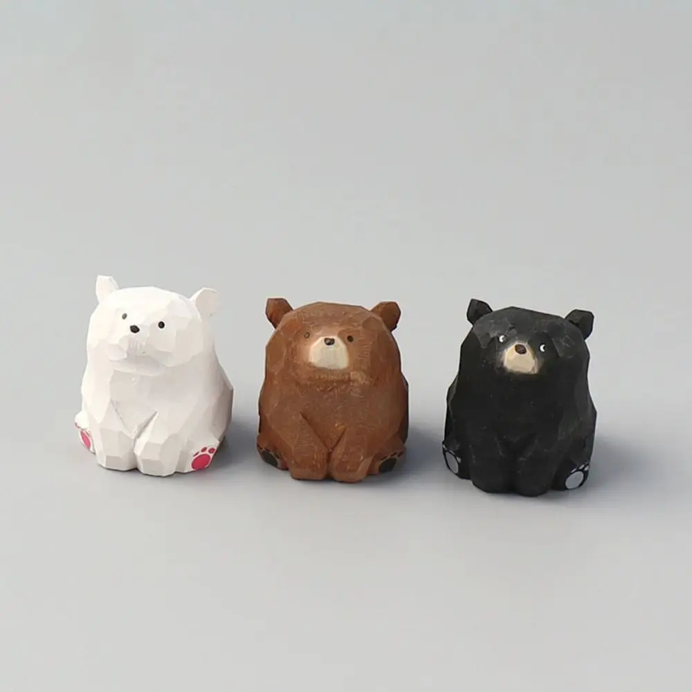 Solid Wood Wooden Bear Figurines Hand Carved Cute Polar Bear Ornament Funny Miniature Mini Bear Statue Home Decoration