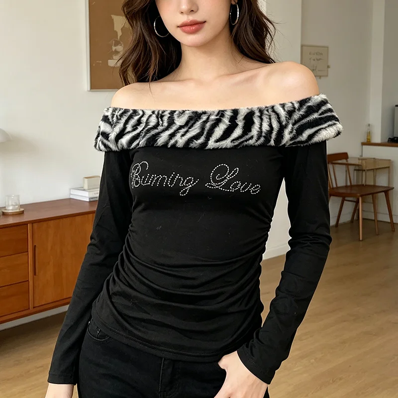 Women's Y2K Slim Fit Leopard Print T-Shirt Long Sleeve Short Style Navel Exposure Summer Top Sexy Letter Drill Detail