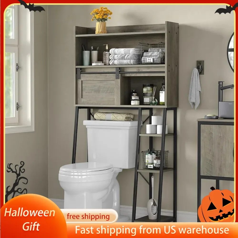 

Over The Toilet Storage Cabinet, 6-Tier Toilet Organizer Rack, Bathroom Shelf Over Toilet Cabinet with Sliding Door for Restroom