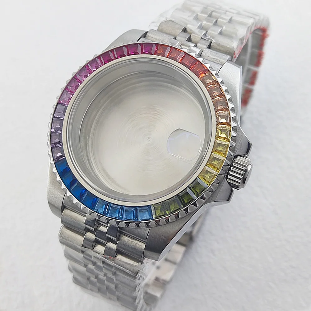 

41mm case jubilee colored diamond inlaid stainless steel sapphire glass case, fit NH35/36 movement watch accessories for men