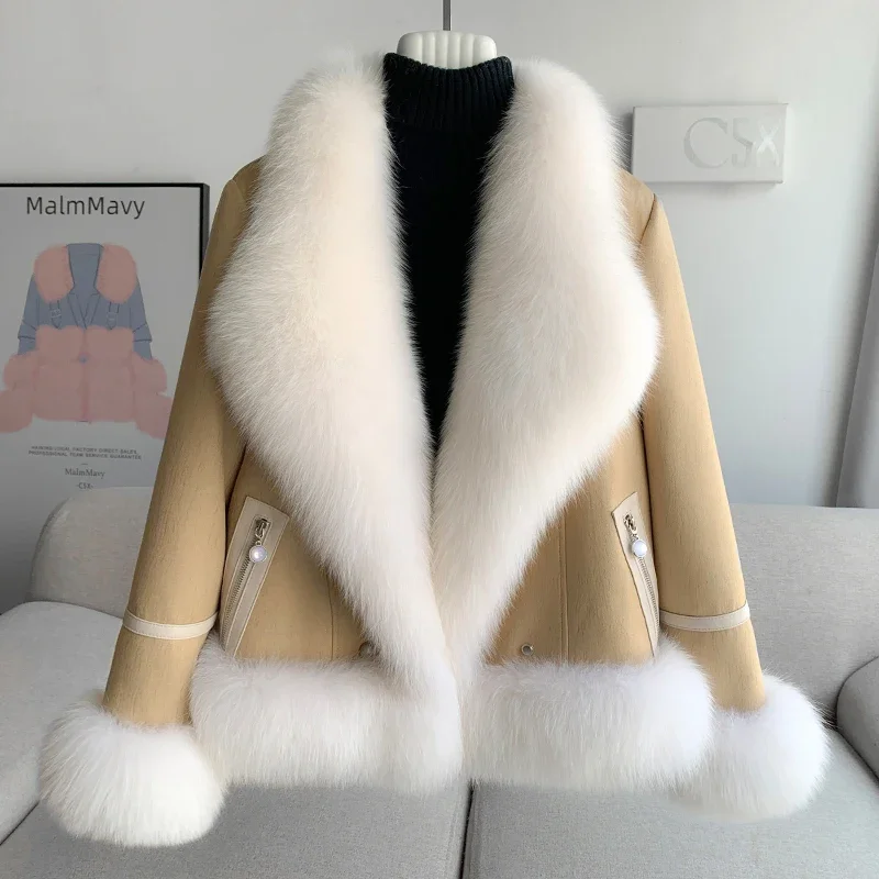 2024 New Design Faux Suede Fabric Winter Coat Duck Down Liner With Real Fox Fur Women Jacket CT321