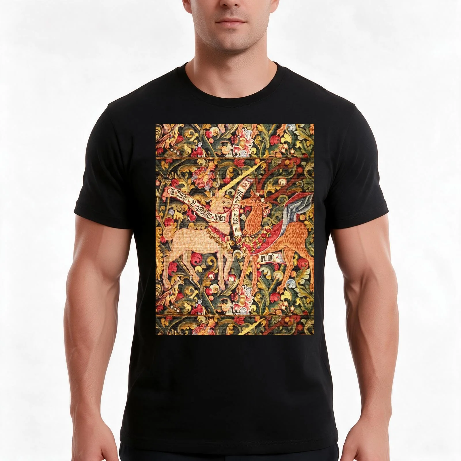 UNICORN;DRAGON,LION,STAG AND OTHER ANIMALS Floral Medieval Tapestry T-Shirt Summer Casual Cotton Tee Oversized Streetwear Tops