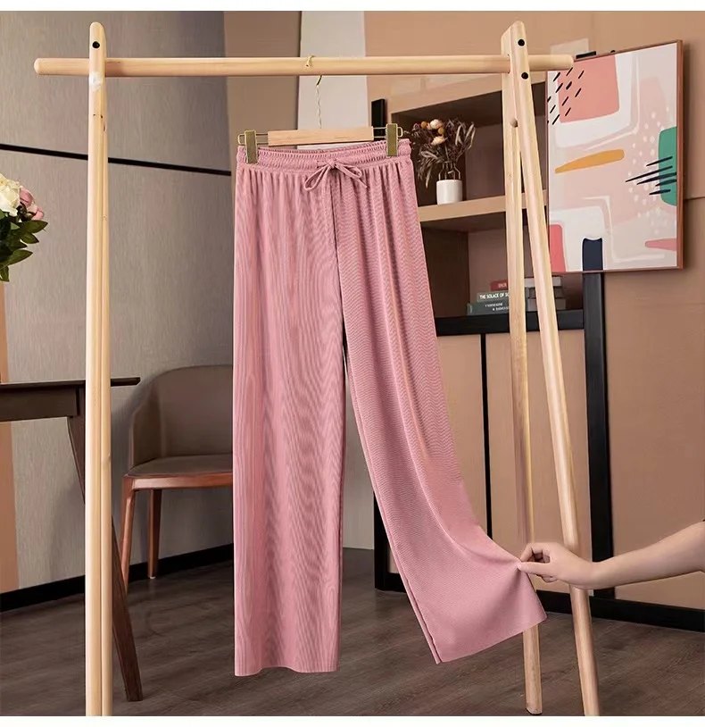 Women Ankle Length Wide Leg Pants Casual Summer Solid Elastic Waist Loose Ice Silk Pants Spring Summer 2025 New Female Trousers