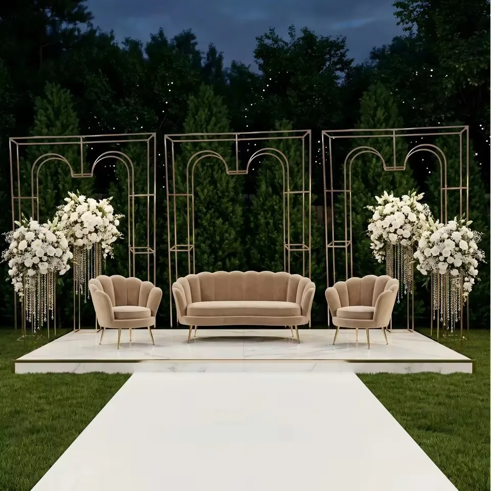 1 Stück Hochzeits-Party-Zubehör Goldener Blumen-Hintergrund Metall-Liebesbogen Bühnenhintergrund-Gestell – Detail 2