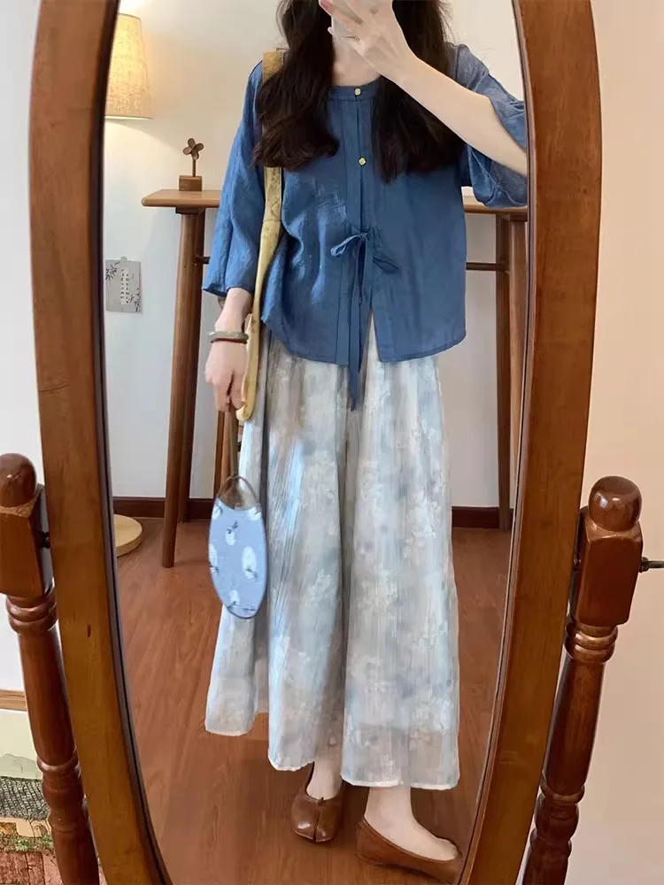 Retro Nuovo Cinese Sle Vestito Estivo Blu Top Pantaloni Bianchi Set a Due Pezzi da Donna Faionable Ensemble Pantaloni Bianchi Fem