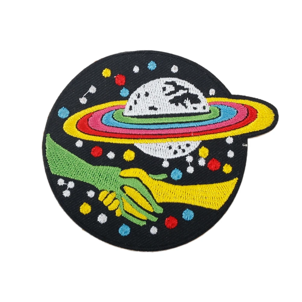 Alien Handshake Embroidery Patch Spaceship Pattern Iron on Transfer Patches for Clothes Applique Backpack Badge Hat Sewing Decor