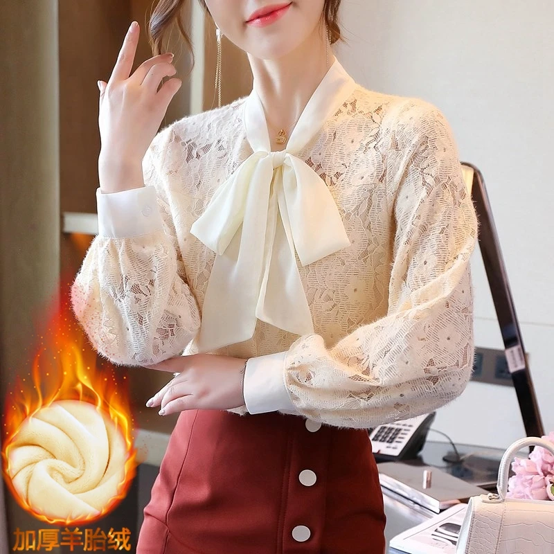 Winter New Korean Style Style Bow Tie Lantern Sleeves with Plush and Thick Lace Bottom Top Small Shirt Long sleeved T-shirt