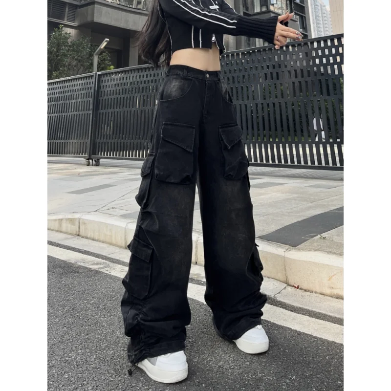 Womens Washed Distressed Denim Cargo Jeans Wide Leg Streetwear Pants for Hip Hop Dance Practice and Casual Fashion Outfits