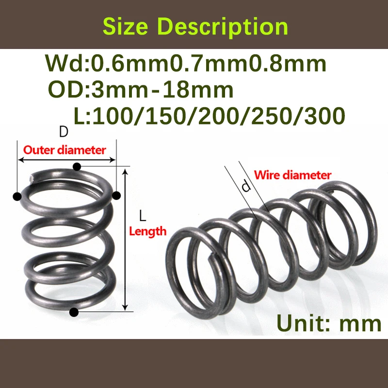 Wire Diameter 0.6mm0.7mm0.8mm Spring Steel Pressure Spring Return Spring outer diameter 3mm-18mm long spring100mm-300mm2pcs