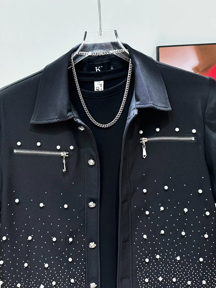 2025 Summer New High-end Coats Male Zipper Decoration Hot Diamond Short Sleeve Black Jackets Trousers Men's Pearl Pants Sets