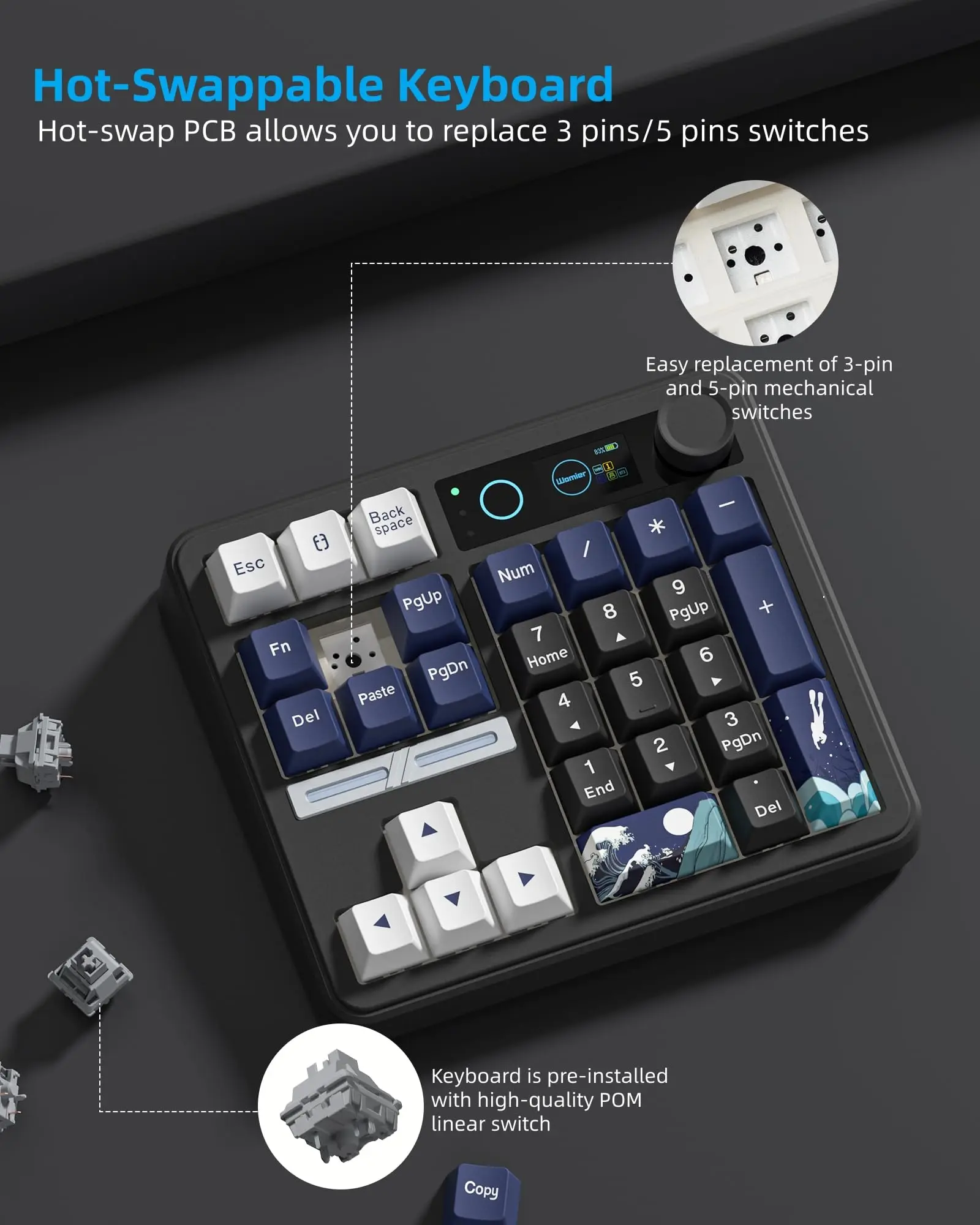 Womier SK30 Mini Mechanical Numpad Keyboard with Screen&Knob Bluetooth/2.4G/USB-C Wireless RGB Hotswap Number Keypad for Win/Mac