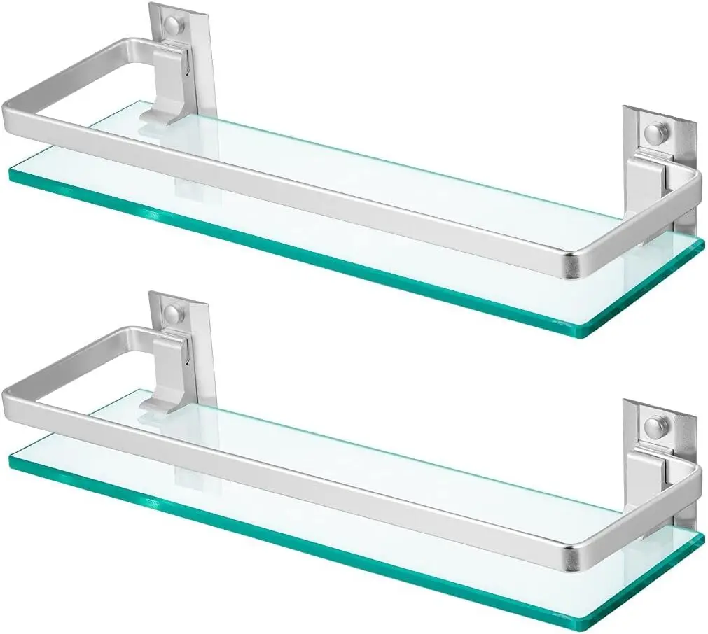 

2-Pack Tempered Glass Bathroom Shelf with Rail, 15" x 4.5" Rectangular Shower Caddy, Wall Mounted Floating Shampoo Holder for La