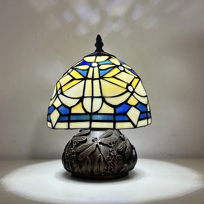8Inch Simple Pattern Traditional Tiffany Stained Glass  Lamp Dome Iron Glass Desktop Reading Night Table Light