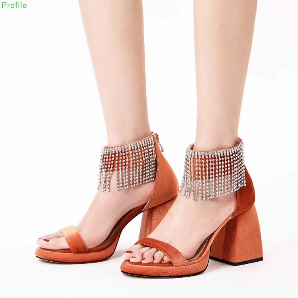 

Tassel Rhinestone Thickened High-heeled Sandals Catwalk Style Horseshoe Heel Open-toe Women's Shoes Fashionable Sexy All-match