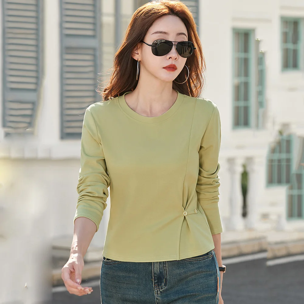 

New Women Spring Summer Long Sleeve T-shirt Fashion O-Neck Folds Slim Waist Asymmetric T-shirt Casual Daily Pullover T-shirt