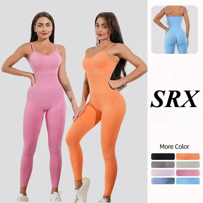 Jumpsuit Yoga tanpa kelim, jumpsuit olahraga Fitness Hip-Lift tali satu potong, Legging lari bodysuit latihan Gym baju olahraga untuk wanita