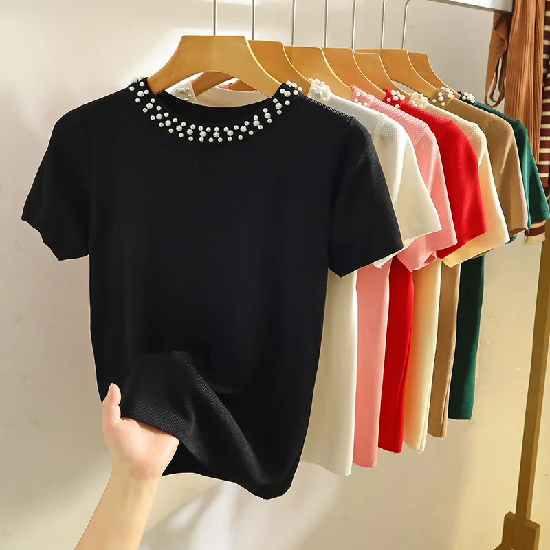 Women's T-shirt Fashion Beadding Ice Silk Knited Tees Summer Design Sense High Elastic Bottom Shirt Short Sleeve 2024 New Top