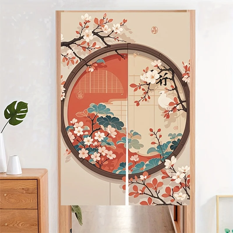 Vintage Japanese Style Peach Blossom Window Door Curtain - Indoor Art Partition Doorway Hanging Drape for Home Room Decor