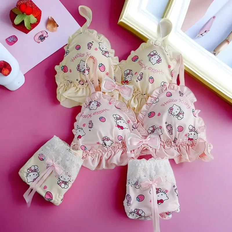 

Sanrio Hello Kitty Kawaii Girls Underwear Cartoon Anime Print Lace Edge Accessories Pure Desire Push-up Bra Cute Clothes Set
