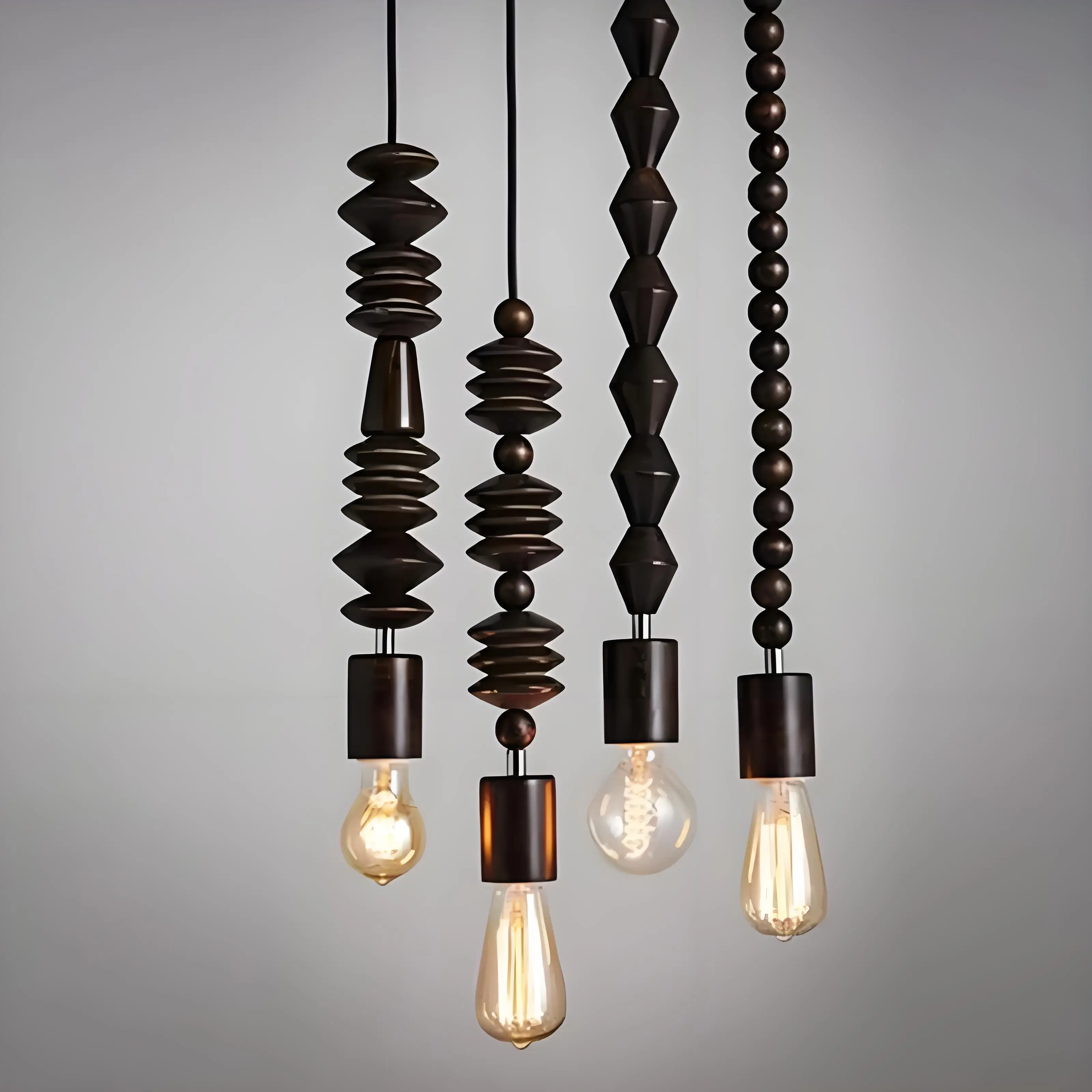 Retro style Oak wood pendant lamp Vintage 100cm cord geometric beads string droplight indoor Light Fixture