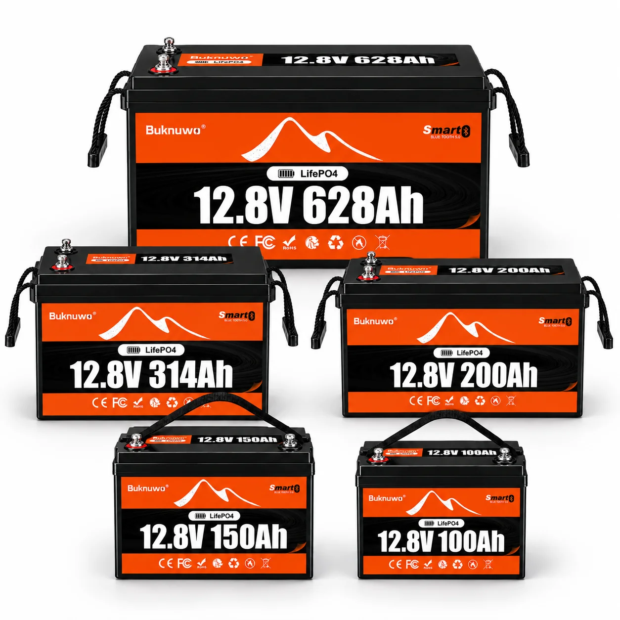 BUKNUWO 12V LiFePO4 Battery Pack 100Ah-628Ah Grade A Cells Smart BMS Low Temperature Cut Off 4000-15000 Cycles for RV Boat Solar ESS