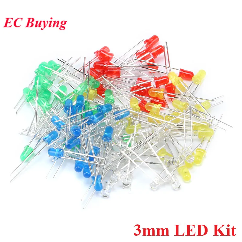 100pcs/lot 3mm LED Diode Light Emitting Diodes White Yellow Red Green Blue Assorted Kit  DIY Kit 5 colors*20pcs
