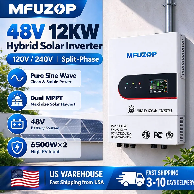 Hybrid Solar Inverter Single & Split Phase Output Pure Sine Wave Dual MPPT 6500W×2 PV Input Off Grid Solar Inverter for Home Energy System Emergency Power Supply US Warehouse