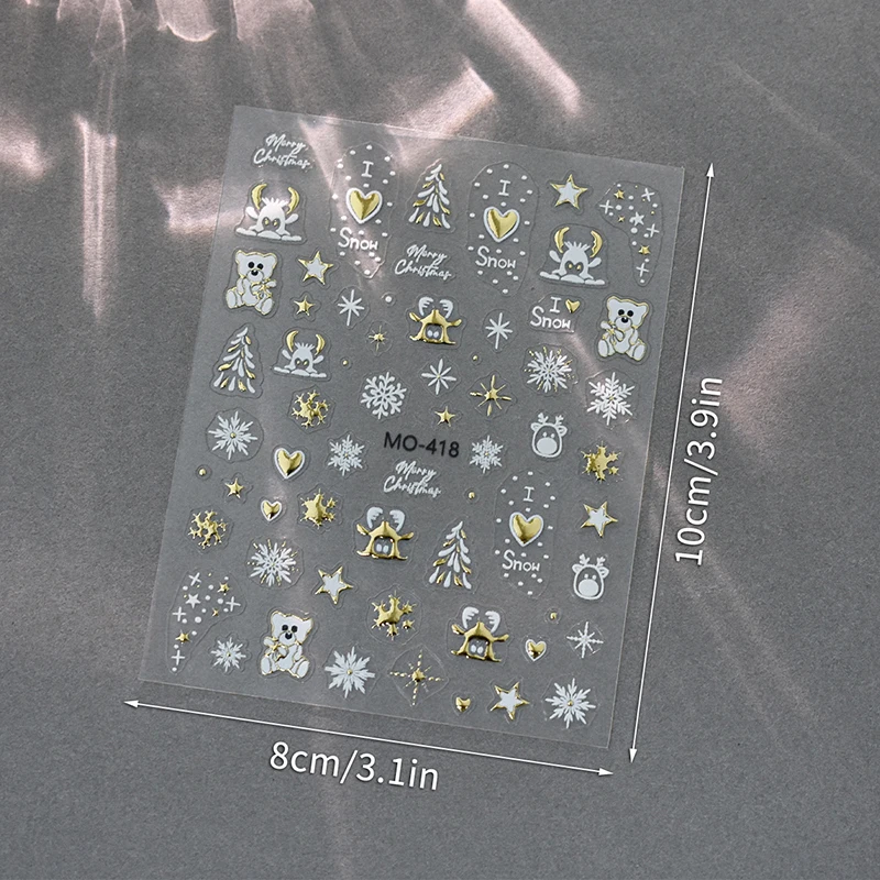 5D 엠보싱 사랑스러운 크리스마스 셀프 접착 네일 아트 스티커, 골드 화이트 눈송이 나비 매듭 눈사람 스티커, DIY 매니큐어 데칼